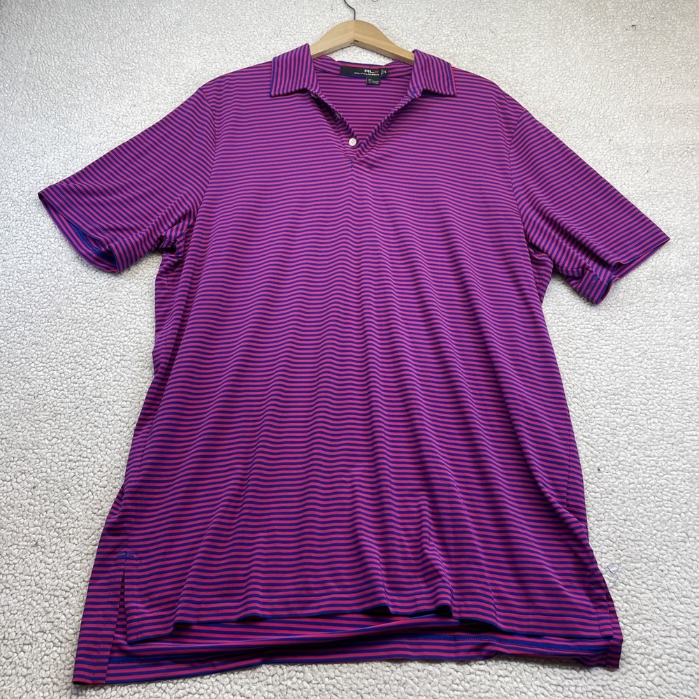 RLX‎ Ralph Lauren Polo Men XL Pink Blue Striped Golf Performance Short Sleeve